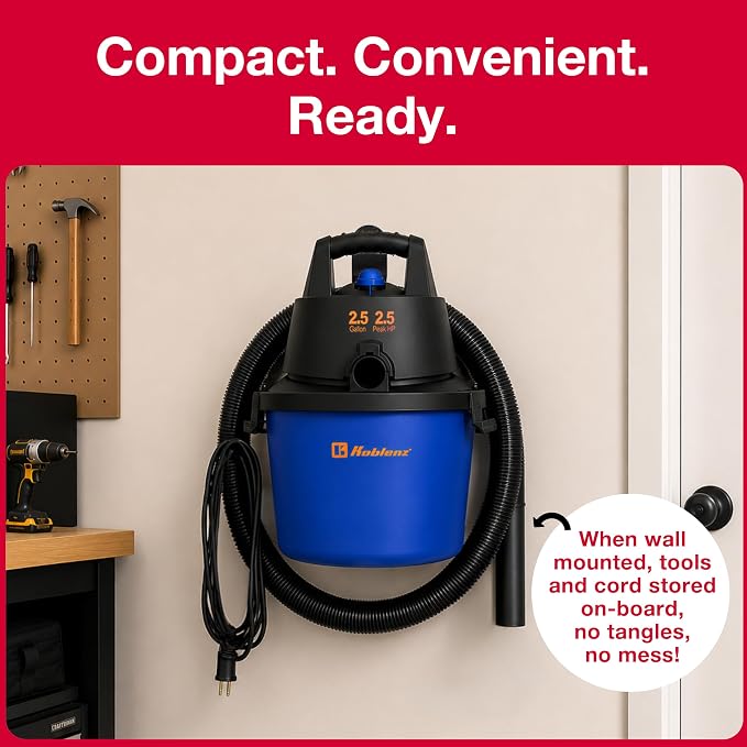 Koblenz Wet Dry Vacuum Cleaner, 2.5 Gallon 2.5 PHP, 60 CFM, 10 ft Reach, TWIST-N-LOCK Hose, Wall Mount, Small Shop Vac, Portable Shop Vac for Home Car Garage, Accessories Included, Blue/Black, WD-2.5L