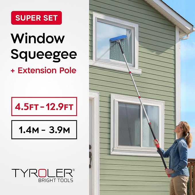 20 Feet High Reach Professional Window Squeegee with Extension Pole | 5-13ft Squeegee for Windows Cleaning | Outdoor Window Cleaner Tool, Windows Washing Kit with Extension Pole | Window Cleaning Kit