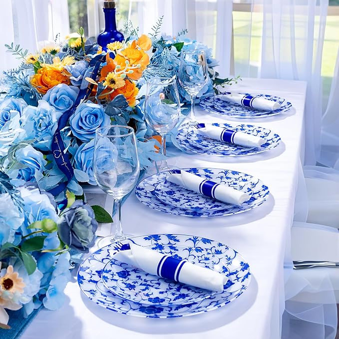 400PCS Pre Rolled Blue Plastic Silverware Sets - Heavy Duty Blue Cutlery - Include 100 Pack Wrapped Disposable Utensils with Napkins for Parties & Weddings & Independence Day & 4th of July