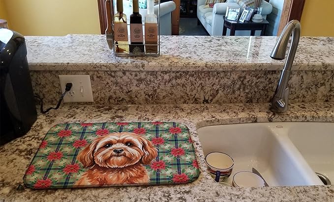 Caroline's Treasures Red Lhasa Apso Christmas PoinsettIas Dish Drying Mat Absorbent Dish Drying Mat Pad for Kitchen Counter Dish Drainer Mat for Countertop, 14 x 21", Multicolor