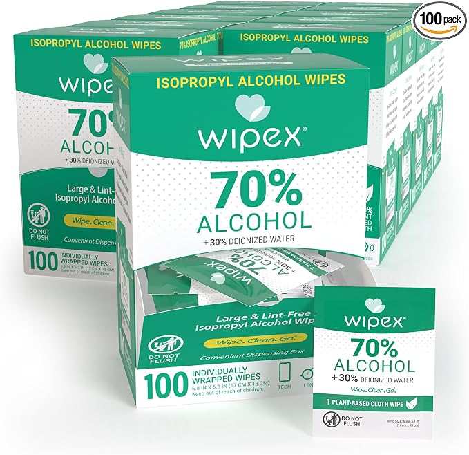 Wipex 70% Isopropyl Alcohol Wipes - Individually Wrapped Sachets, Large Electronic Wipes in Dispensing Box for Sanitizing - 100 Count (Pack of 12)