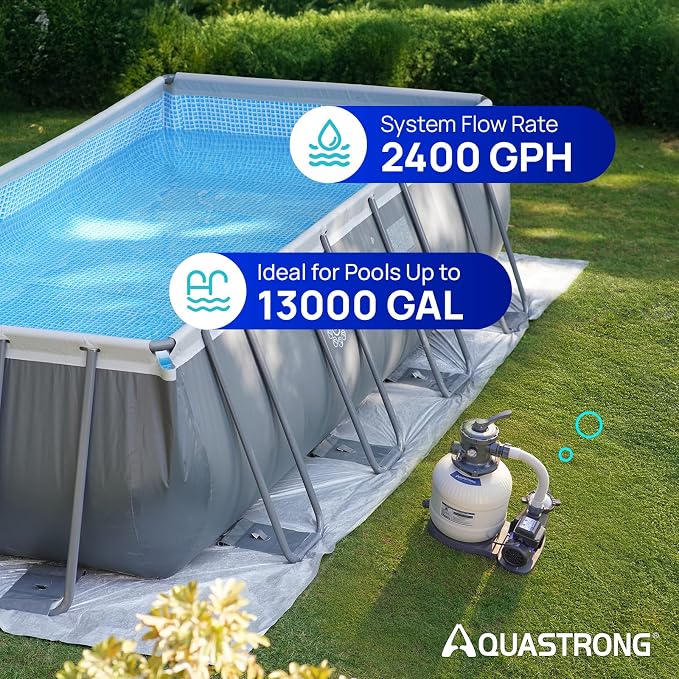 AQUASTRONG 14in Sand Filter Pump for Above Ground Pool with Timer, 2/3 HP Pool Pumps Above Ground 3000 GPH for Pools up to 13000 GAL, Pool Filter with 6-Way Valve, Improved Circulation and Filtration