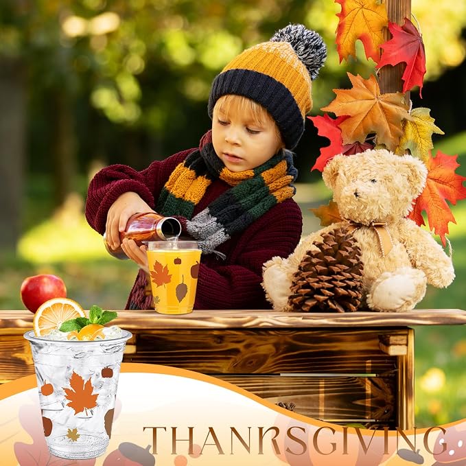 Uiifan 50 Pcs Fall Pumpkin Cups Bulk 12 oz Thanksgiving Disposable Plastic Drinking Cups Fall Party Clear Drinkware Pumpkin Maple Leaf Decoration for Autumn Harvest Thanksgiving Wedding Party Supplies