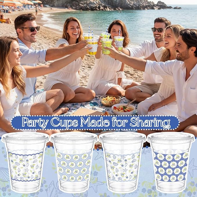 FoldTier 60 Pcs Coastal Cottage Blue Floral Cups with Lids and Straws, 12 oz Disposable Plastic Beach Party Cups for Ocean Summer Party Favor, Bridal Shower, Baby Shower, Bacheloretteparty Decoration