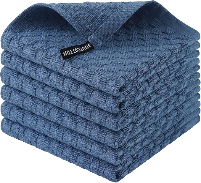 Homaxy 100% Cotton Terry Kitchen Dish Cloths, Ultra Soft Absorbent Dish Towels with Hanging Loop, Pineapple Grid Designed, 12 x 12 Inches, 6-Pack, Navy Blue