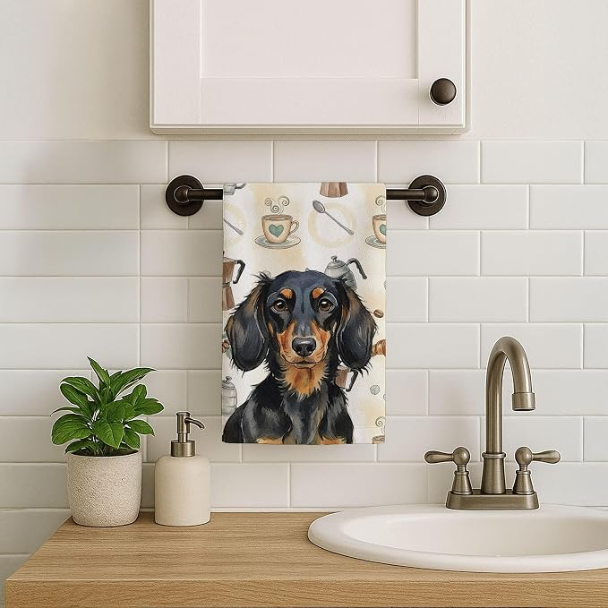 Caroline's Treasures Longhaired Black and Tan Dachshund Coffee Bar Kitchen Towel Velour Plush Front and Cotton Loop Back Machine Washable