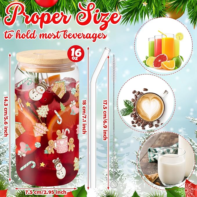 Sliner 2 Pcs Gingerbread Glass Cups Summer Christmas Tumbler with Lid Straw Xmas Drinking Glasses 16 oz Iced Coffee Cup with Cleaning Brush Beer Can Tumbler Cute Holiday Gifts
