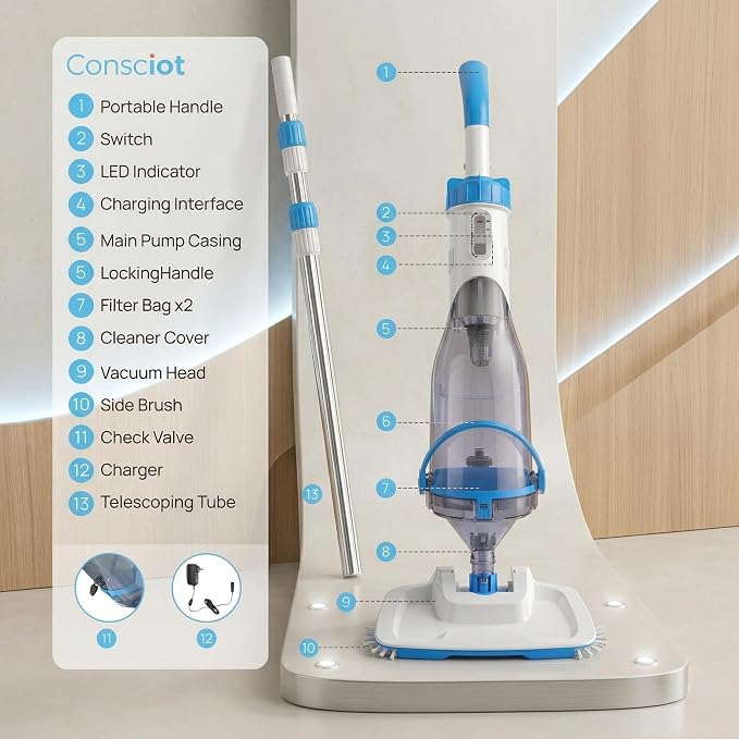 Pool Vacuum for Above Ground Pools & Inground Pools, Consciot Rechargeable Handheld Cleaner with Telescopic Pole, 18.5 GPM Suction, 13.4" Head, 60-Min Runtime, for Spa & Hot Tub