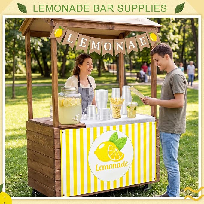 Funnymoom 84 Pcs Lemonade Stand Supplies 34 oz Plastic Lemon Cups with Lid and Straws Lemonade Burlap Banner Tablecloth Stainless Steel Muddler for Summer Lemon Birthday Party Decoration