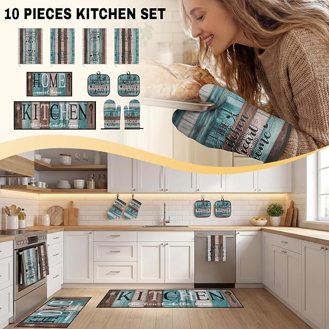 10 Pcs Turquoise Teal Kitchen Decor and Accessories Set, 4 Dish Towels Kitchen Rugs 2 Oven Mitts 2 Pot Holders, Home Decor for Cooking Baking BBQ Gifts Women Mom Housewarming