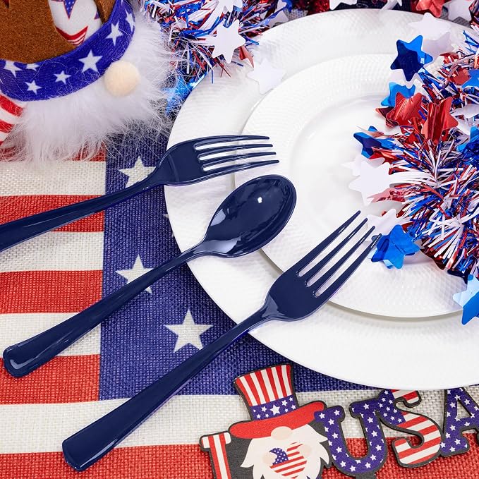 Liacere 100Pack Pre Rolled Blue Silverware and Napkin-Disposable Blue Plastic Utensils-Plastic Cutlery Set with Napkin:100 Forks,100 Knives,100 Spoons,100 Napkins for Wedding&Party&Independence Day