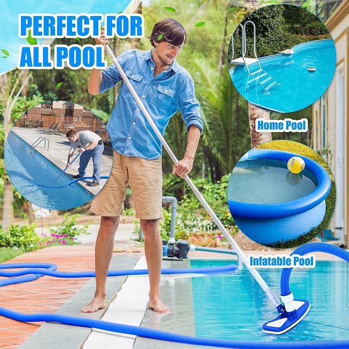 2 Pcs Pool Cleaning Vacuum Kits include 11.8" Swimming Pool Vacuum Head with Flexible Wheels and 1-1/2" x 18 FT Hoses for Inground Above Ground Pond Cleaning, Pole Not Included(Round Corner)
