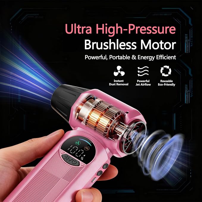 Electric Air Duster for PC Keyboard, Car & Home Cleaning, Powerful Cordless Air Blower with Vacuum Function, Infinite Speed Control, Fast Charging, Compact Rechargeable Dust Cleaner – Pink