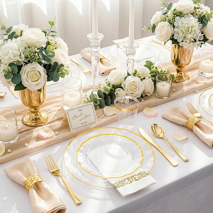 LIYH 350 Pcs Clear Plastic Plates for Wedding Reception Plastic Plates for Party 100 Disposable Plate 150 Gold Plastic Silverware 50 Gold Cups 50 Napkins Perfect for Wedding Birthday (50 Guest)