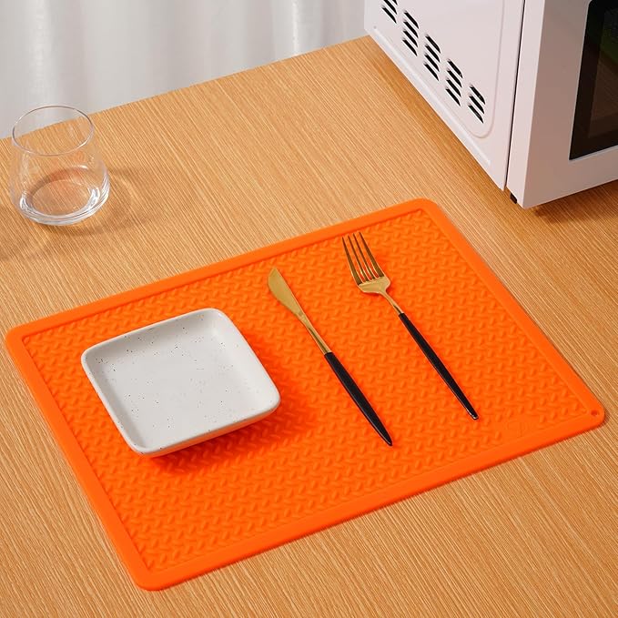 Silicone Drying Mat & Heat Resistant Mat for Kitchen Counter, Non-Slip Dishwasher Safe, Raised Edge for Dishes Bottles Sink (15.35x11.61in, Orange)