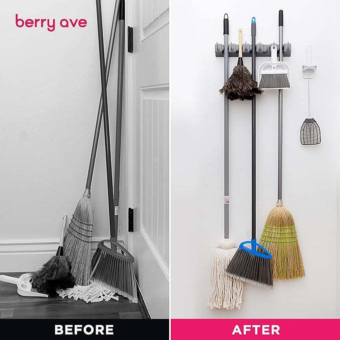 Berry Ave Broom Holder Grey (1 Pack) and Drawer Dividers Organizer, 4" High, Expandable from 11"-17" (4-Pack)