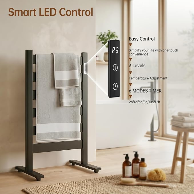 Heated Towel Rack – Rapid PTC Heating, LED Timer Control, High Temp & Large Capacity – 6 Bars Premium Freestanding Bathroom Towel Warmer,Matte Black