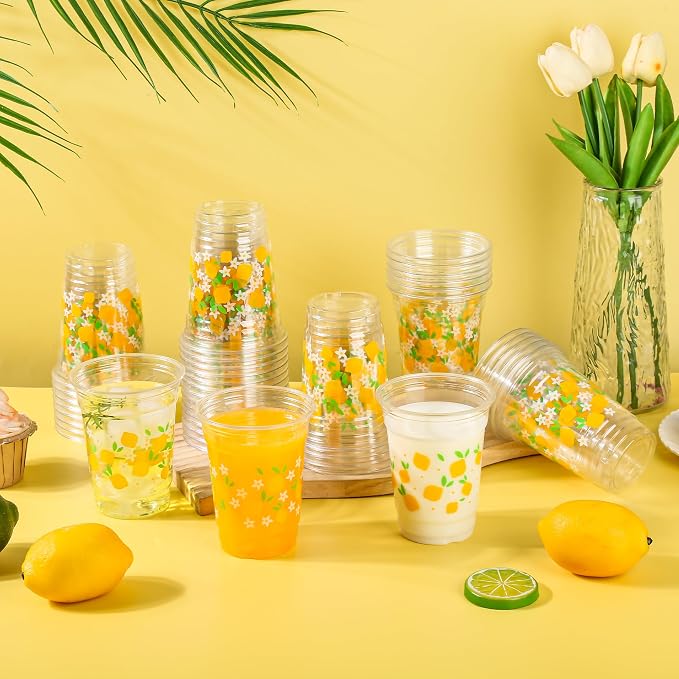 AimFun 50 Pcs Lemon Plastic Cups Summer 12 oz Disposable Party Clear Cups for Tropical Luau Party Hawaiian Theme Birthday Wedding Bridal Baby Shower Beverage Supplies