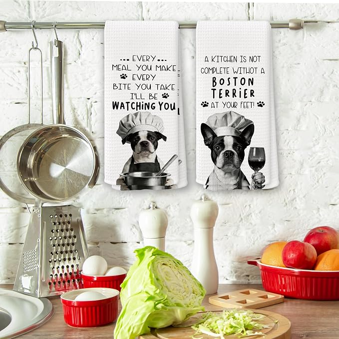 Funny Boston Terrier Dog Kitchen Towels 16x24 Inch Set of 2 | Boston Terrier Gifts for Women Men Dish Tea Towels for Kitchen, Dog Lover Mom Dad Owner Gifts Decorative Hand Towel