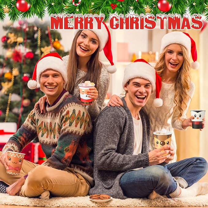 Yaomiao 300 Pcs 9 oz Christmas Paper Cups Elf Snowman Santa Elk Disposable Christmas Hot Cocoa Coffee Cups Bulk for Hot Cocoa Chocolate Beverage Bar for Xmas Holiday Party Supplies