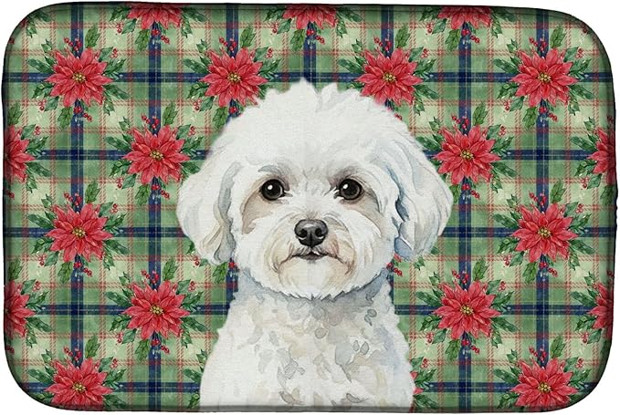 Caroline's Treasures Bichon Frise Christmas PoinsettIas Dish Drying Mat Absorbent Dish Drying Mat Pad for Kitchen Counter Dish Drainer Mat for Countertop, 14 x 21", Multicolor