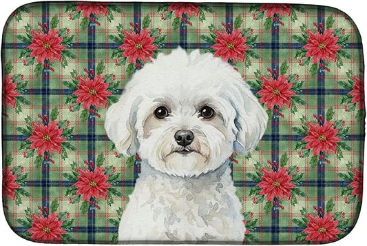Caroline's Treasures Bichon Frise Christmas PoinsettIas Dish Drying Mat Absorbent Dish Drying Mat Pad for Kitchen Counter Dish Drainer Mat for Countertop, 14 x 21", Multicolor