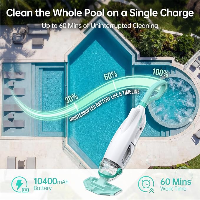 Cordless Handheld Pool Vacuum 18.5 GPM, Above Ground Pool Vacuum Cleaner with 60 Mins Runtime & 6ft Telescopic Pole, 45W Strong Suction Hot Tub Vacuum for Pools, Spas, Steps, Sand, Leaves