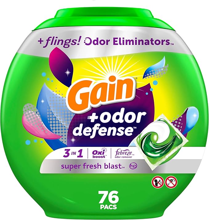 Gain Flings Laundry Detergent Pacs with Odor Defense, 76 Count, Super Fresh Blast Scent, HE 3in1 Detergent Pacs with Febreze and Oxi
