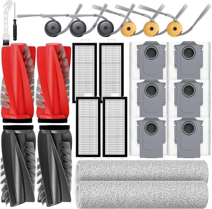Roller Brush and HEPA Filter Replacement Compatible with Roborock Qrevo Curv 2 Flow Robot Vacuum Cleaner,4 Main Brush,2 Roller Mop Cloth, 4 HEPA Filter,6 Side Brush,6 Dust Bag,Accessories Parts Kit