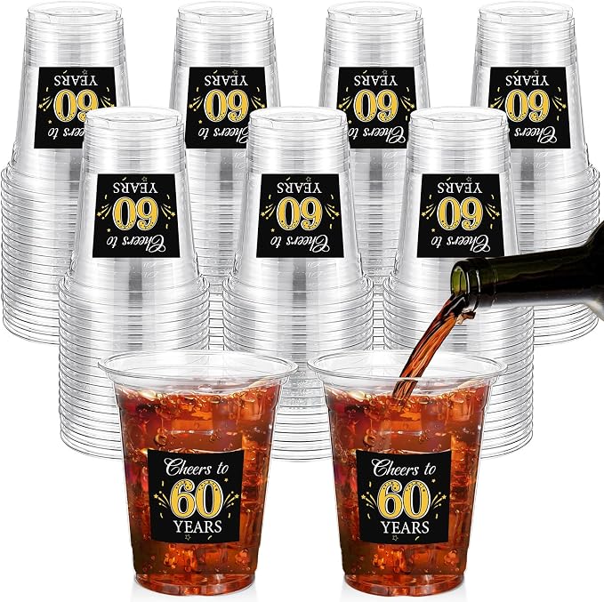 Funnymoom 100 Pack 60th Birthday Cup 12 oz Cheers to 60 Years Happy Birthday Disposable Clear Plastic Cups for Him Men Women Wedding Anniversary Decorations Party Favors