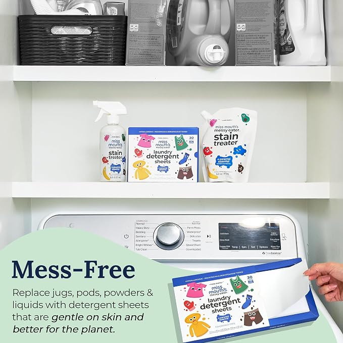 Miss Mouth's Laundry Detergent Sheets - 60 Loads, Unscented - Hypoallergenic & Sensitive Skin Friendly Laundry Sheets - Pediatrician & Dermatologist Tested Baby Detergent - Compact Travel Essentials