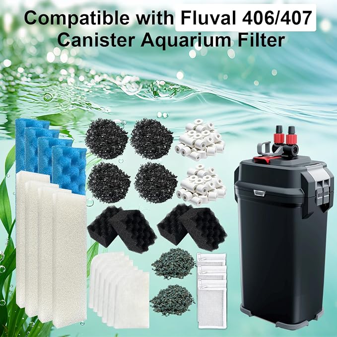 44-Piece Canister Filter Media Kit Replacement for Fluval 406/407 Canister Filter - Includes Carbon, Ammonia-Absorbing Pad, Sponges（2 Sets）