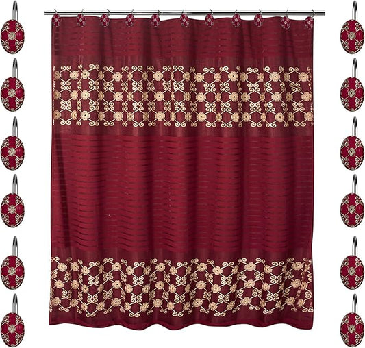 Zahari Home 13pc Elegant Rose Bathroom Shower Curtain Sets Elegant Shower Curtain & 12 Shower Curtain Rings Contemporary Decor Burgundy Shower Curtain Unique Design Stylish Shower Accessories