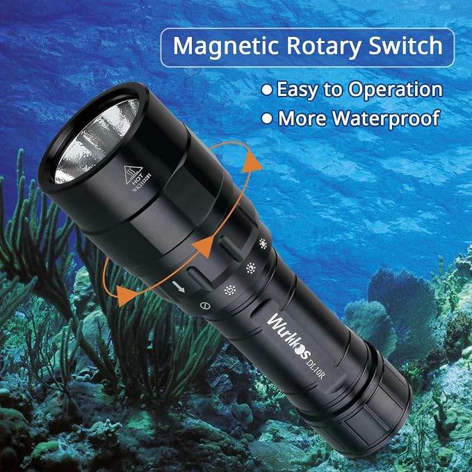 Wurkkos DL10R Dive Light, 4500 Lumens Super Bright Scuba Diving Flashlight, Type C Rechargeable, IPX-8 Waterproof with Magnetic Rotary Switch, 3Modes, 100m Underwater Lights for Night Diving
