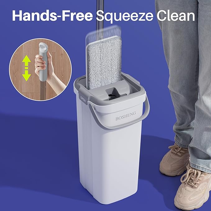 BOSHENG Mop and Bucket Set, Flat Mops for Floor Cleaning, Wall Mop with 60" Extensible Handle, Hardwood Floor Mop with 6 Microfiber Pads