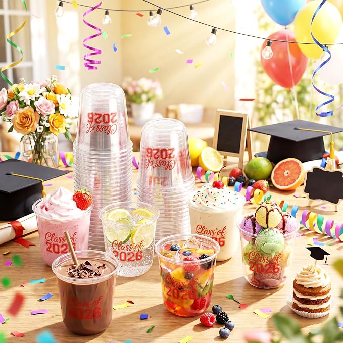 Potchen 50pcs Graduation Cups Class of 2026 12oz Clear Plastic Graduation Party Cups for 2026 Celebration Party Supplies Congrats Grad Tableware Decoration(Red)