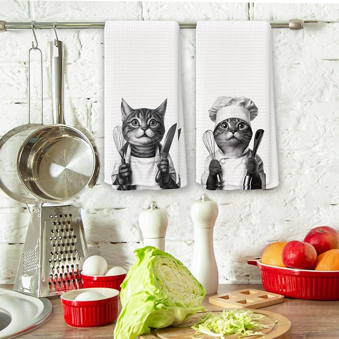 Funny Chef Cat Kitchen Towels Set of 2, Cat Mom Lady Lovers Owner Gifts for Women Dish Tea Towels for Kitchen, Gifts for Pet Lovers Decorative Hand Towel, 16x24 Inch