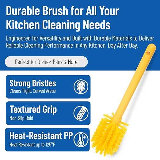 SPARTA Large Water Bottle Brush Ideal for Wide-Mouth Jars, Bottles and Tumblers, Dishwashing Tool with Handle for Home and Commercial Kitchens, Plastic, 12 Inches, Yellow, (Pack of 6)