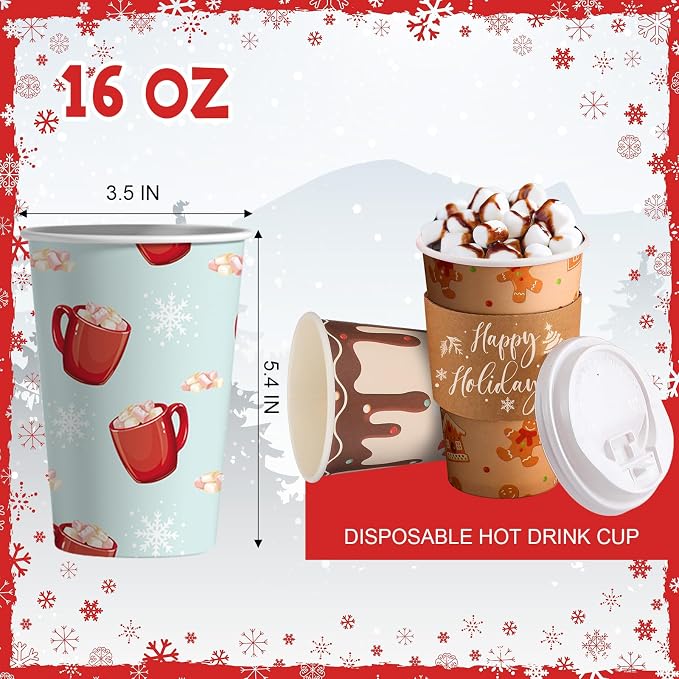 36 Sets/ 108 Pcs Christmas Paper Cups 16 oz Disposable to Go Coffee Cups with Lids and Sleeves Xmas Hot Cocoa Coffee Mug for Cold Drinks Hot Chocolate Holiday Christmas Party Supplies