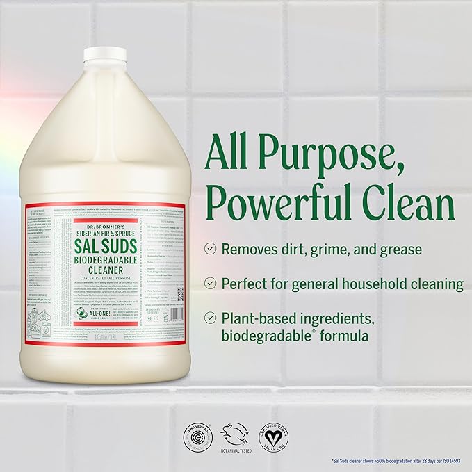Dr. Bronner's Sal Suds Biodegradable Cleaner (1 Gallon) – All-Purpose Pine Mop Detergent for Floors, Multi-Purpose Household Formula, Dish Degreaser & Laundry Use
