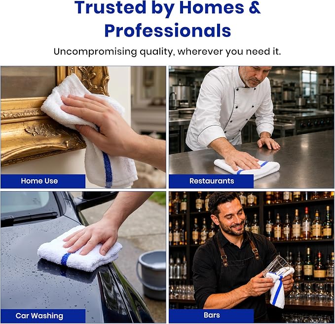 Bar Mops Pack of 36 (14" x 19") - 100% Cotton Cleaning Rags for Housekeeping - Thick, Absorbent & Reusable Bar Towels for Cleaning House & Restaurant - Kitchen Towels Bulk (Blue Stripe)