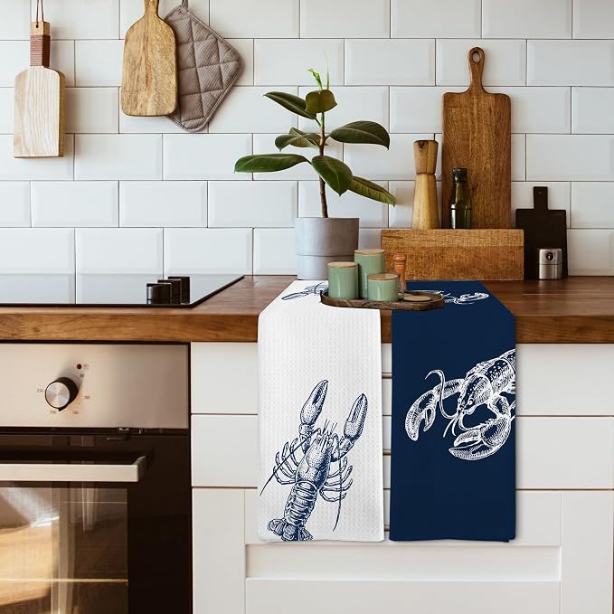 Coastal Lobster Crayfish Beach Decor Dish Hand Tea Towels for Bathroom Kitchen, Lobster Ocean Beachy East Coast Bathroom Decor Gifts, Nautical Kitchen Towels and Dishcloths Sets of 2, 16x24in