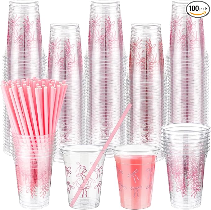 Qinyoung 100 Pcs 12 oz Pink Bow Plastic Cups with Paper Straws Pink Bowknot Cute Coquette Disposable Cups Bulk for Birthday Wedding Summer Bridal Engagement Just Wanna Be One Birthday Party Supplies
