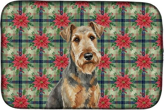Caroline's Treasures Grizzle Airedale Terrier Christmas PoinsettIas Dish Drying Mat Absorbent Dish Drying Mat Pad for Kitchen Counter Dish Drainer Mat for Countertop, 14 x 21", Multicolor