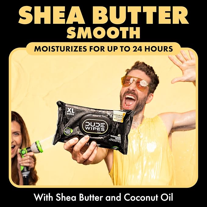 DUDE Wipes Shea BUTTer Flushable Wipes - Extra-Large Adult Wet Wipes - 3 Pack (144 Count) - Infused with Coconut Oil, Vitamin E, and Aloe - Septic and Sewer Safe