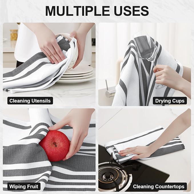 Homaxy Premium Kitchen Towels 18”x 28”, Large Cotton 380 GSM Kitchen Hand Towels, Stripe and Terry Dish Towel, Highly Absorbent Tea Towel Set with Hanging Loop, 3 Pack, Black
