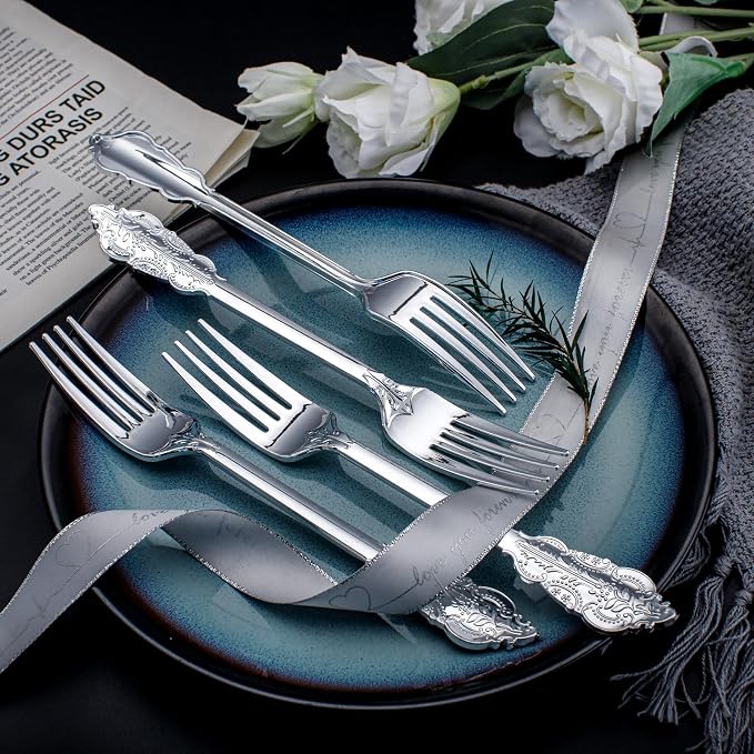 WDF 100 Piece Silver Forks Disposable - 7.48 Inch Silver Plastic Forks - Baroque Silverware for Dessert Cake - Heavy Duty Plastic Fork for Party Wedding or Daily Using Baby Shower Spring