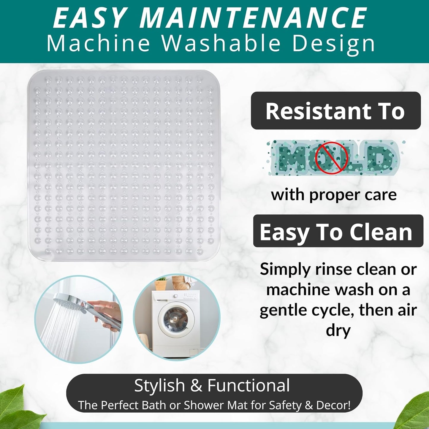 ENKOSI Extra Large Square Non Slip Shower Mat - 31 x 31-inch XL Bathroom Shower Mat - Square Shower Matts for Shower Stall Floors | Secure Suction Cups and Drain Holes (31x31 Clear)