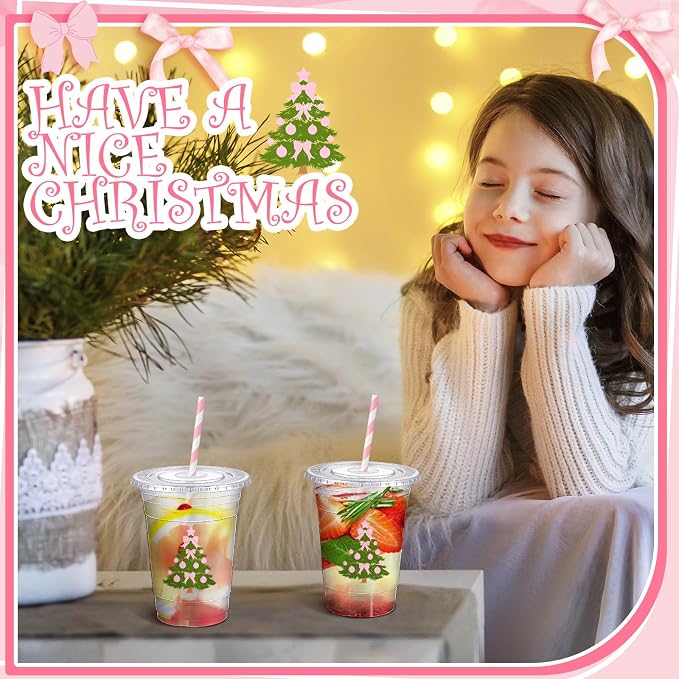 Sliner 50 Pcs 16 oz Coquette Disposable Plastic Cups with Straw for Party Supplies Bow Cups Birthday Wedding Bridal Engagement Party Drinkware Baby Shower Decoration (Christmas Tree)
