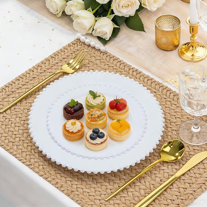 60PCS White Plastic Plates - Fancy Disposable Beaded Plates Include 30 Dinner Plate 10’’ & 30 Dessert Disposable Plate 7.5’’ for Birthday, Baby Shower Spring, Wedding & Party